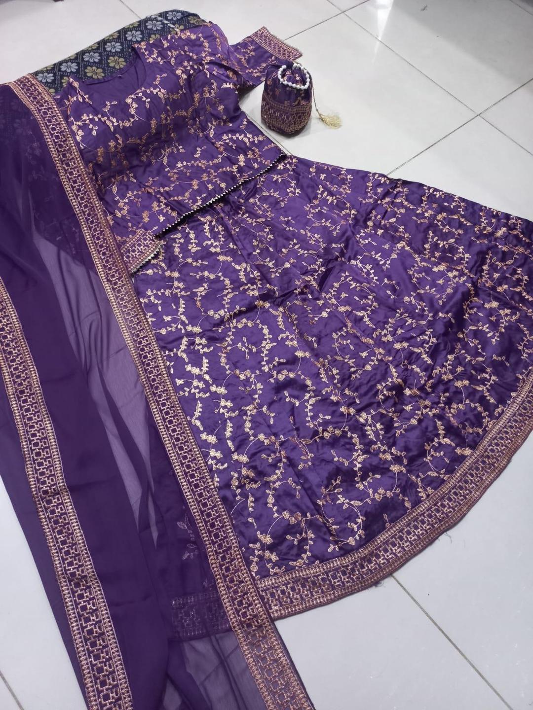 4 Pcs Women's Stitched Katan Silk Embroidered lehanga choli