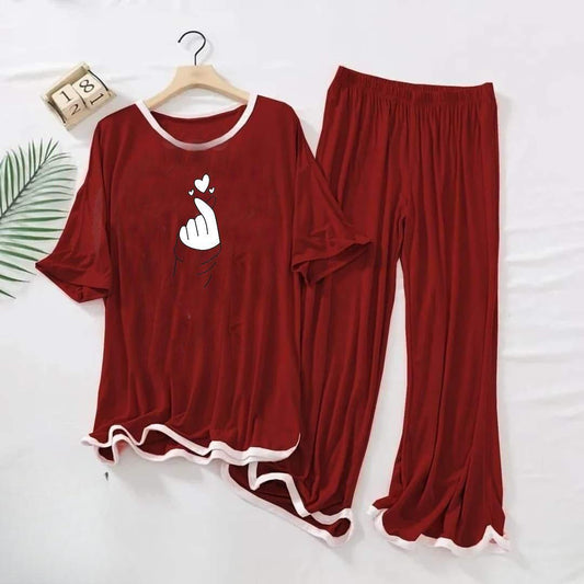 Women's Comfortable Printed Cotton Jersey Night Suit - 2 Pcs