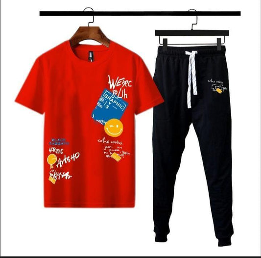 Men's Printed Micro Interlock Tracksuit -2pcs set in red